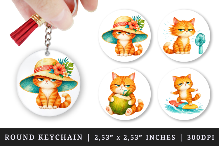 Summer Cat round keychain pintable sublimation design png
