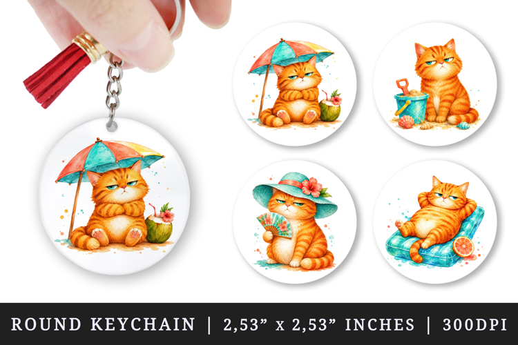 Summer Cat round keychain pintable sublimation design png
