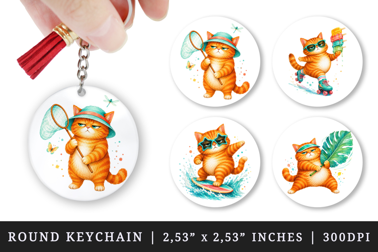 Summer Cat round keychain pintable sublimation design png