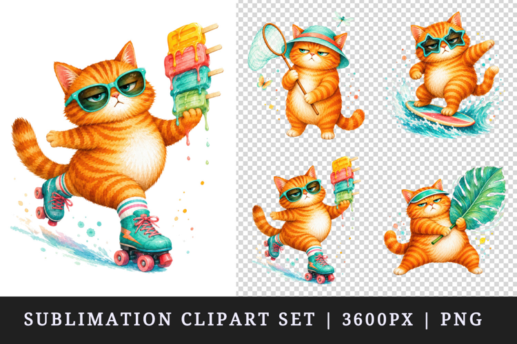 Summer Cat clipart printable sublimation design png