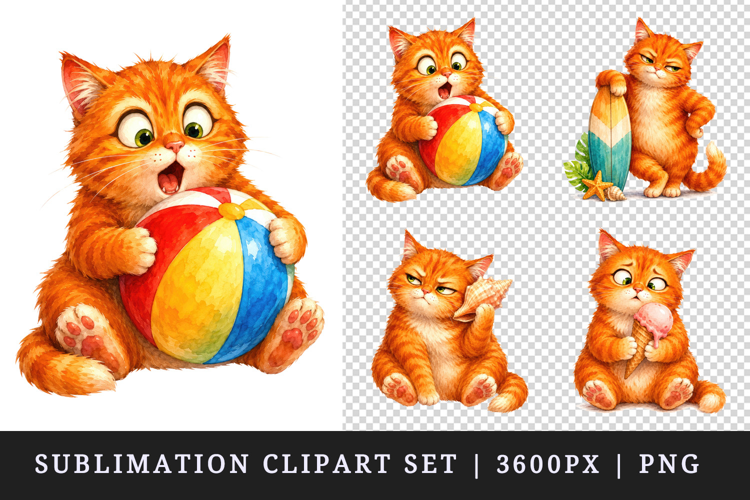 Summer Cat clipart printable sublimation design png