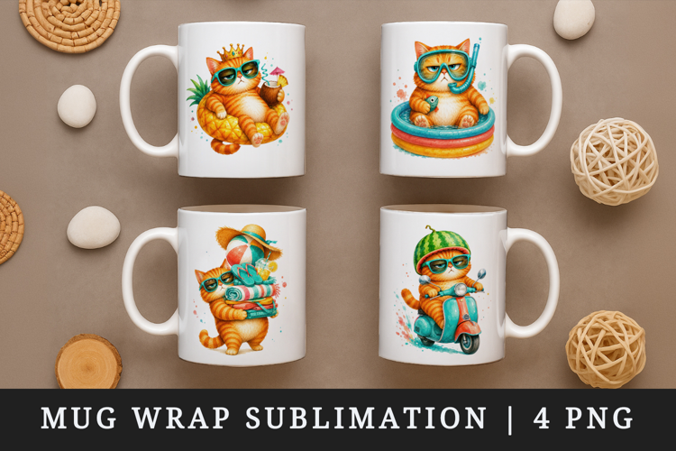 Summer Cat mug wrap printable sublimation design