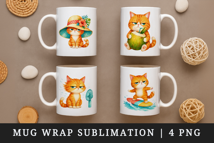 Summer Cat mug wrap printable sublimation design