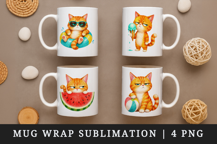 Summer Cat mug wrap printable sublimation design