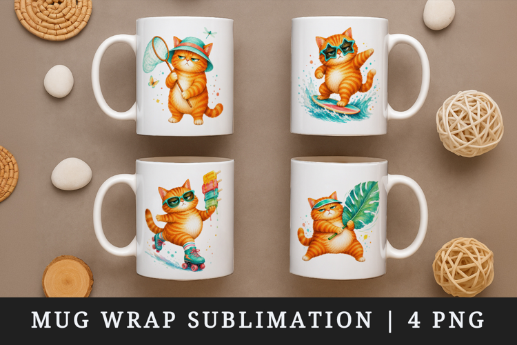 Summer Cat mug wrap printable sublimation design