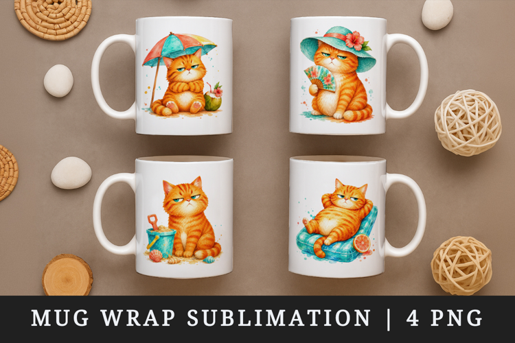 Summer Cat mug wrap printable sublimation design