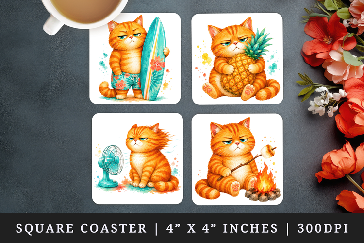 Summer Cat square coaster sublimation, coasters design
