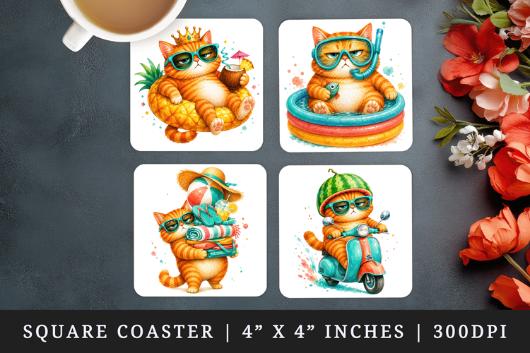 Summer Cat square coaster sublimation, coasters design