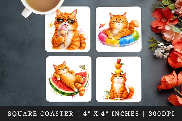Summer Cat square coaster sublimation, coasters design