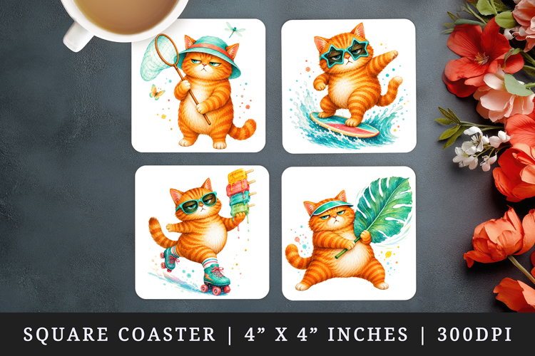 Summer Cat square coaster sublimation, coasters design