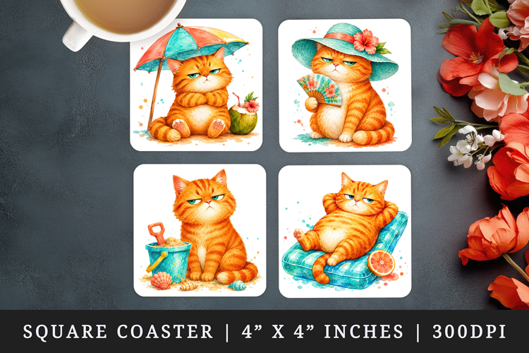 Summer Cat square coaster sublimation, coasters design