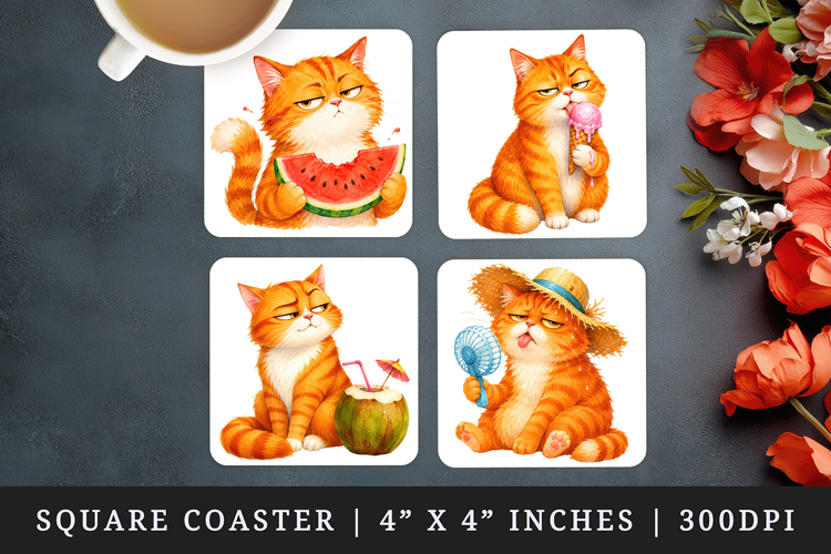 Summer Cat square coaster sublimation, coasters design