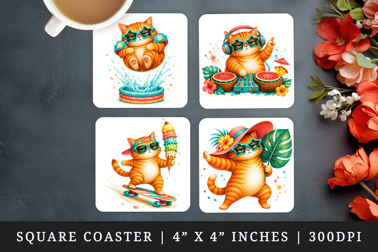 Summer Cat square coaster sublimation, coasters design