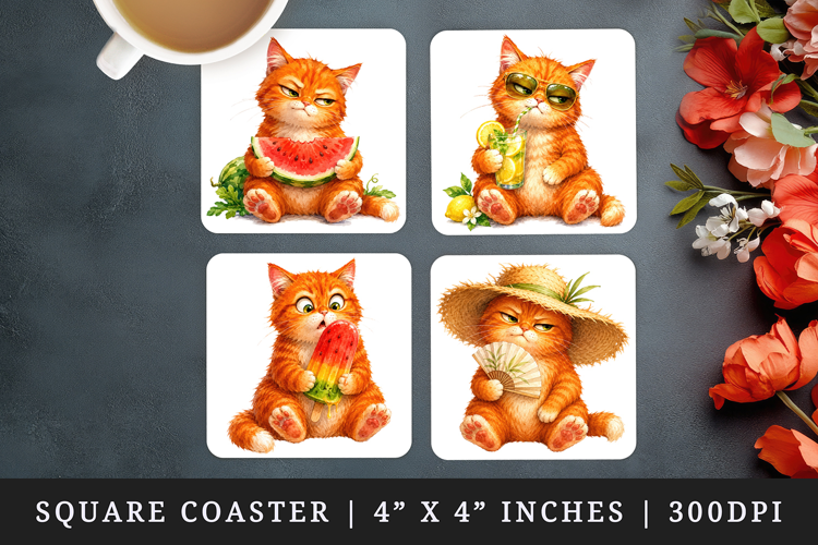 Summer Cat square coaster sublimation, coasters design