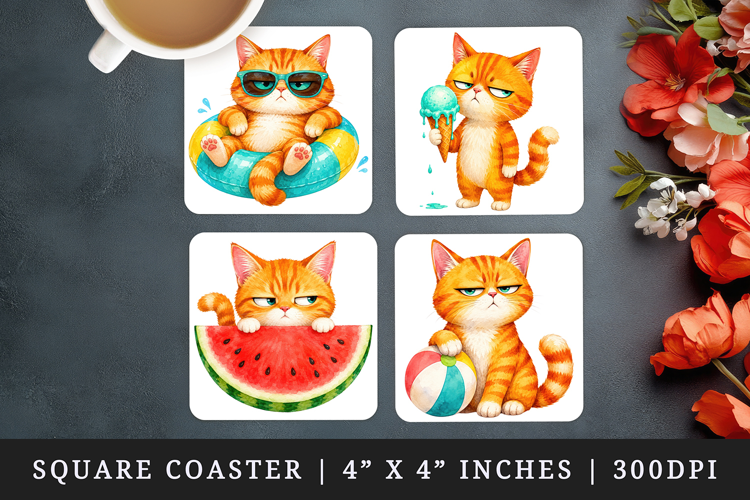Summer Cat square coaster sublimation, coasters design
