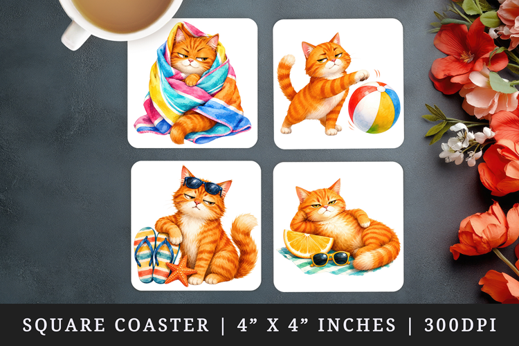 Summer Cat square coaster sublimation, coasters design