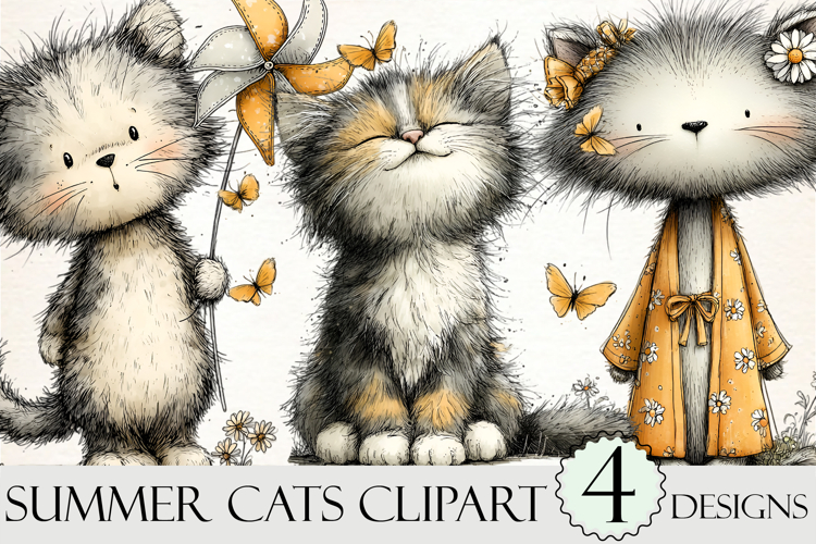 Whimsical Summer Cats Clipart Png