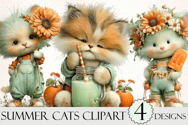 Whimsical Summer Cats Clipart