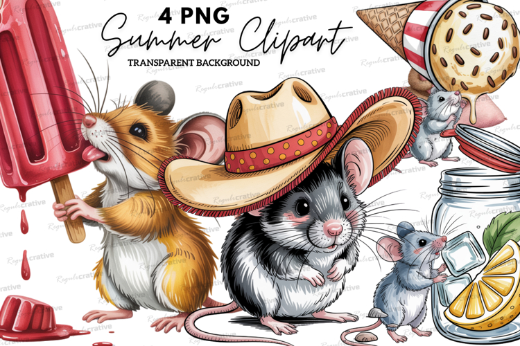 Cute Summer Mouse Clipart PNG, Watercolor Mice Illustration