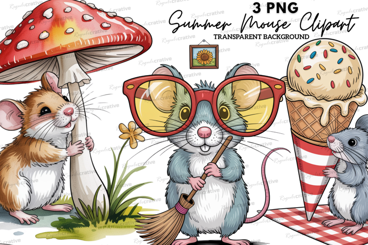 Cute Summer Mouse Clipart PNG, Watercolor Mice Illustration
