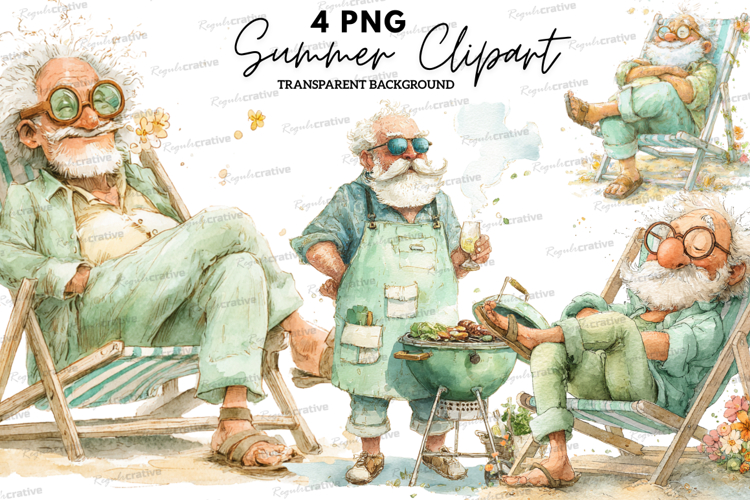 Summer Grandpa Clipart PNG Bundle,Watercolor Old Man Clipart