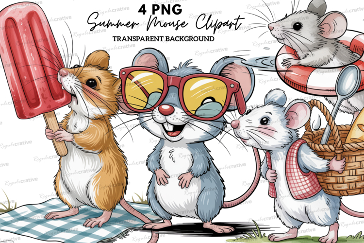 Cute Summer Mouse Clipart PNG, Watercolor Mice Illustration