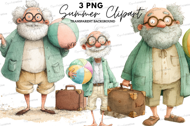Summer Grandpa Clipart PNG Bundle,Watercolor Old Man Clipart