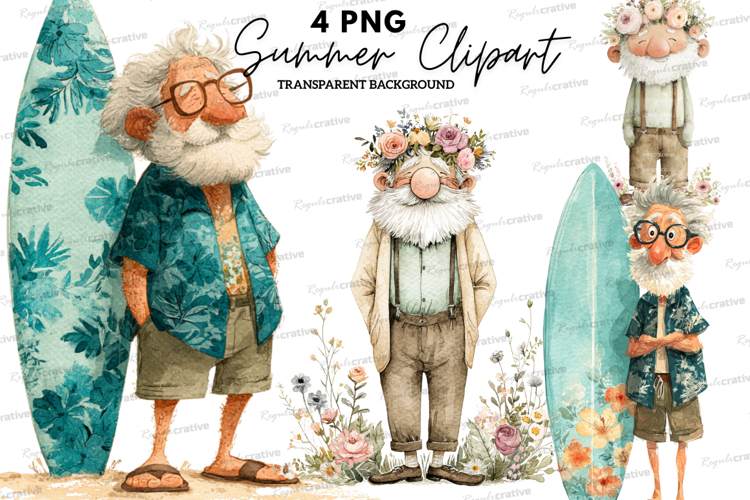 Summer Grandpa Clipart PNG Bundle,Watercolor Old Man Clipart
