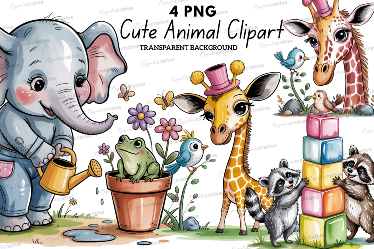 Cute Animal Clipart PNG, Watercolor Elephant Giraffe Raccoon