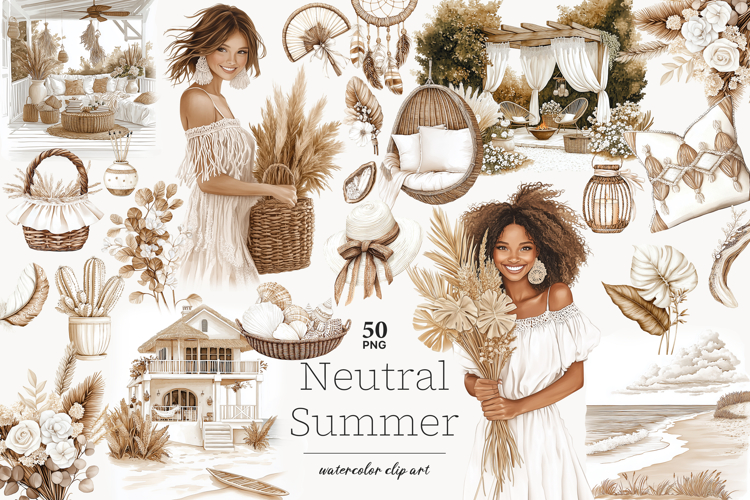 Summer Clipart Beach Art | Neutral Beige PNG Boho Girl Woman