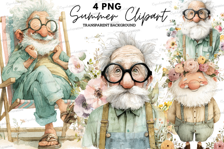 Summer Grandpa Clipart PNG Bundle,Watercolor Old Man Clipart