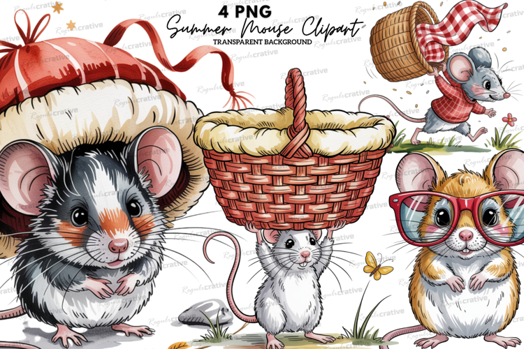 Cute Summer Mouse Clipart PNG, Watercolor Mice Illustration