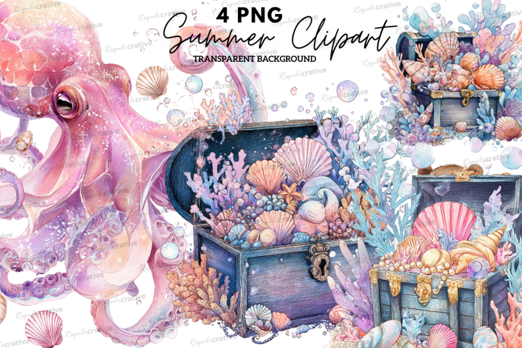 Cute Ocean Animals Clipart PNG, Watercolor Jellyfish Crab