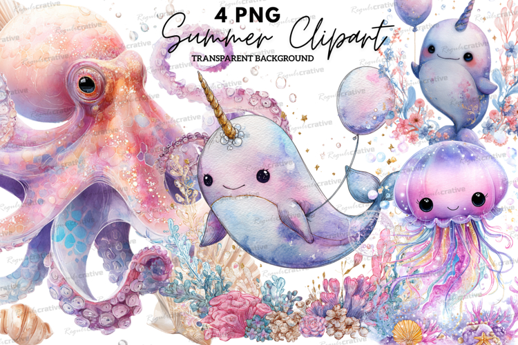 Cute Ocean Animals Clipart PNG, Watercolor Jellyfish Crab