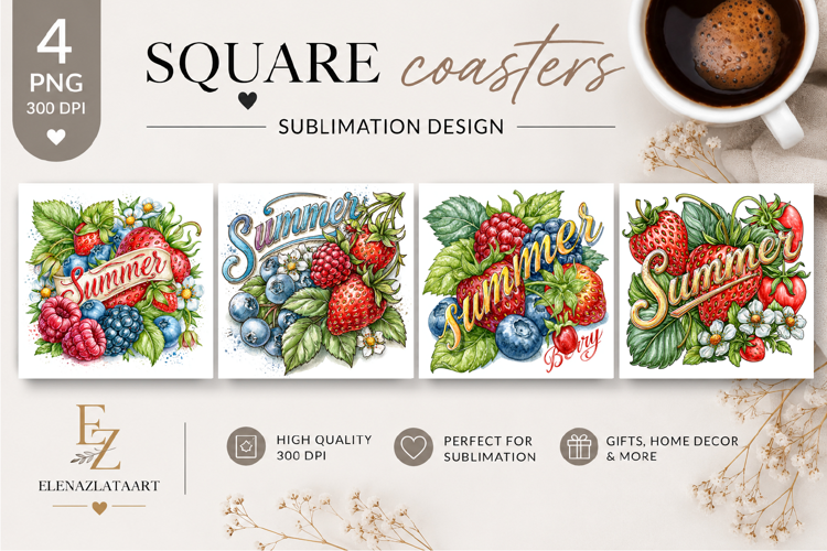 Summer fruits and berries square coaster SUBLIMATION