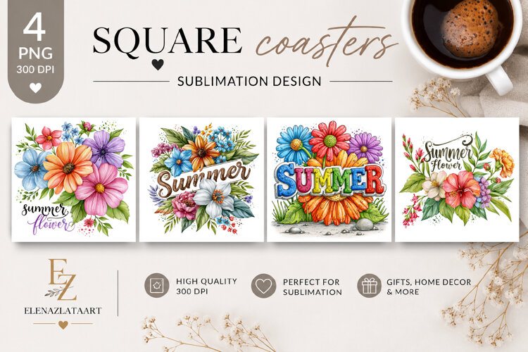 Summer fruits and berries square coaster SUBLIMATION example image 1