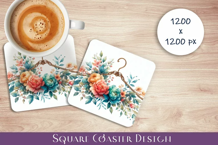 Flowers Square Coasters, Floral Sublimation Design