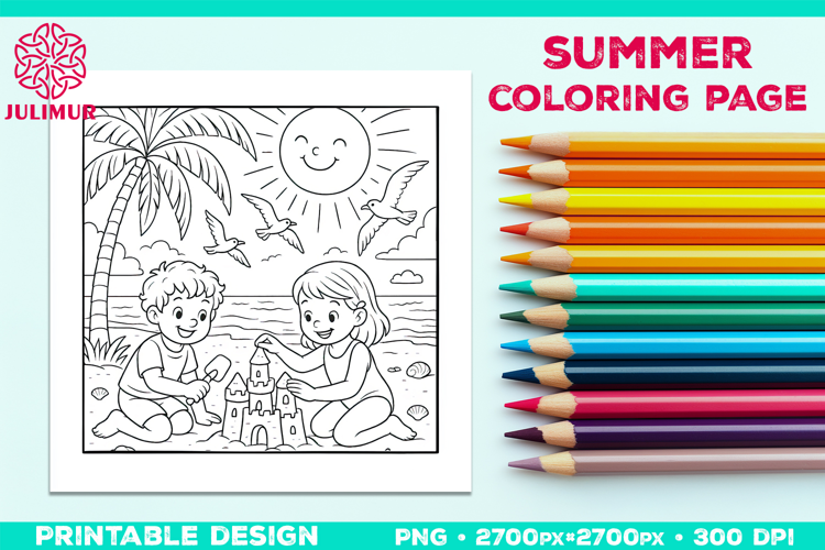 Summer Beach Kids Coloring Page, Activity Sheet for Children