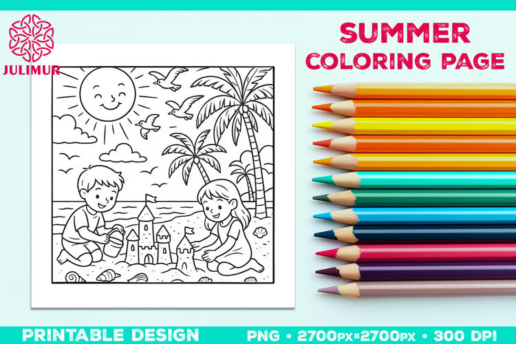 Summer Beach Kids Coloring Page, Activity Sheet for Children