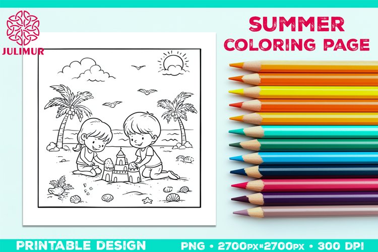 Summer Beach Kids Coloring Page, Activity Sheet for Children