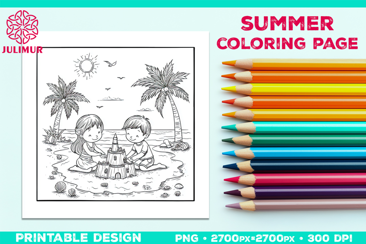 Summer Beach Kids Coloring Page, Activity Sheet for Children