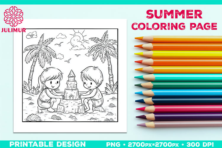 Summer Beach Kids Coloring Page, Activity Sheet for Children
