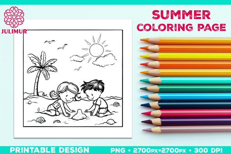 Summer Beach Kids Coloring Page, Activity Sheet for Children