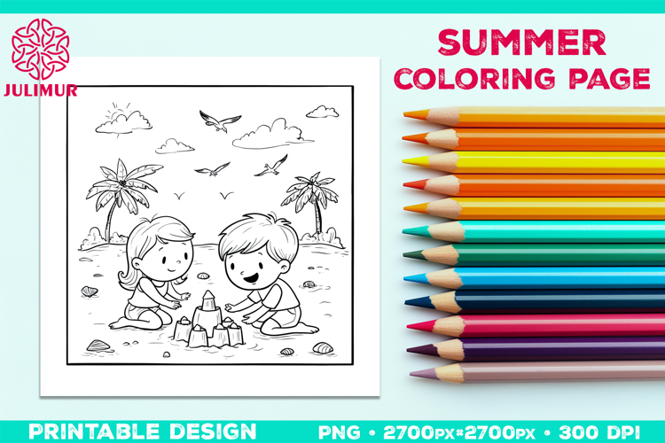 Summer Beach Kids Coloring Page, Activity Sheet for Children