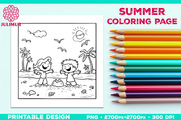 Summer Beach Kids Coloring Page, Activity Sheet for Children