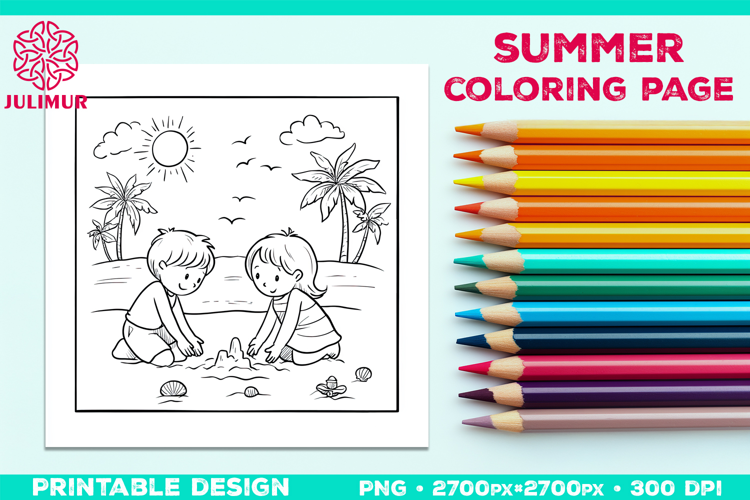 Summer Beach Kids Coloring Page, Activity Sheet for Children