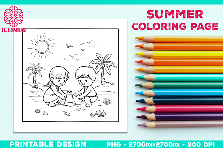 Summer Beach Kids Coloring Page, Activity Sheet for Children
