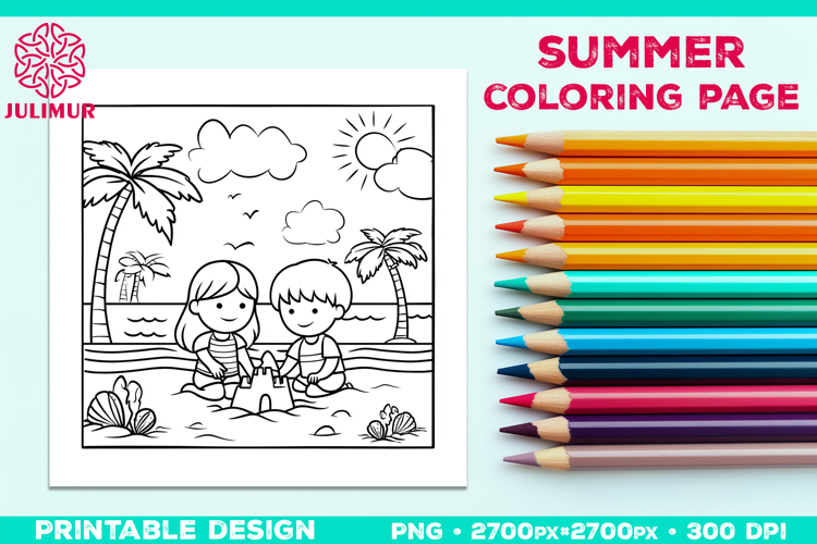 Summer Beach Kids Coloring Page, Activity Sheet for Children