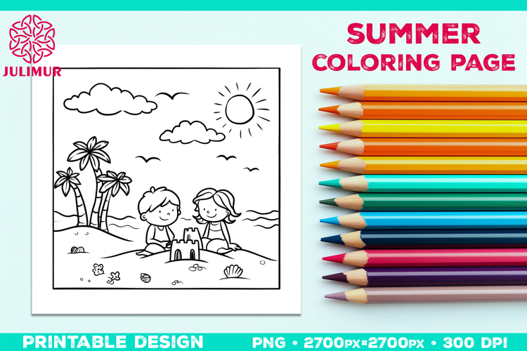 Summer Beach Kids Coloring Page, Activity Sheet for Children