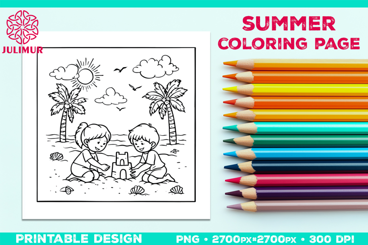 Summer Beach Kids Coloring Page, Activity Sheet for Children